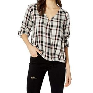 Sanctuary Plaid Faux Wrap long sleeve blou…